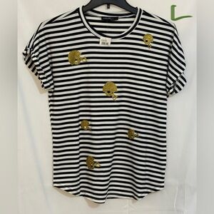 Black and White Striped Top with Gold Accents